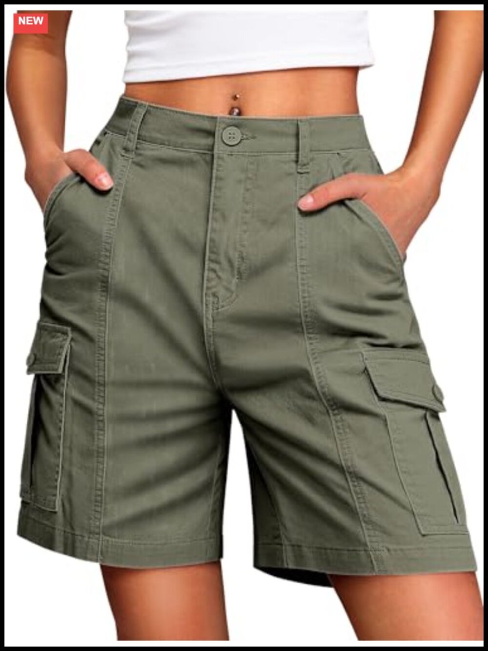 High Waisted Bermuda Cargo Shorts for Women Knee Length 6 Pockets Cotton